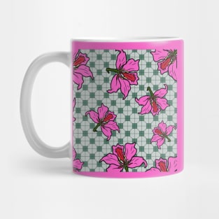 Bauhinia Flower with Forest Green Tile Floor Pattern - Summer Flower Pattern Mug